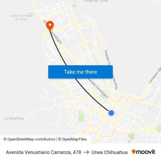Avenida Venustiano Carranza, 478 to Unea Chihuahua map