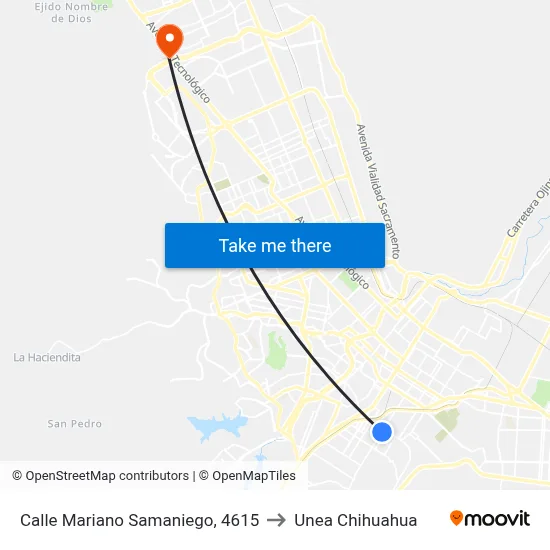 Calle Mariano Samaniego, 4615 to Unea Chihuahua map
