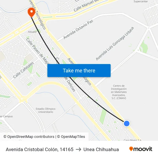 Avenida Cristobal Colón, 14165 to Unea Chihuahua map