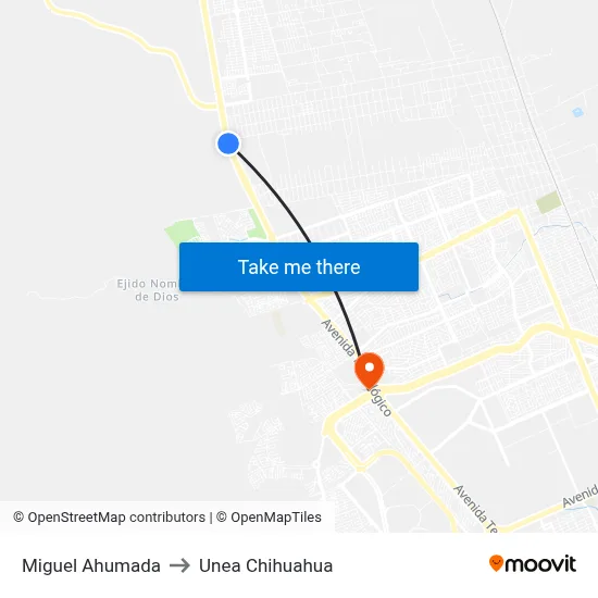 Miguel Ahumada to Unea Chihuahua map