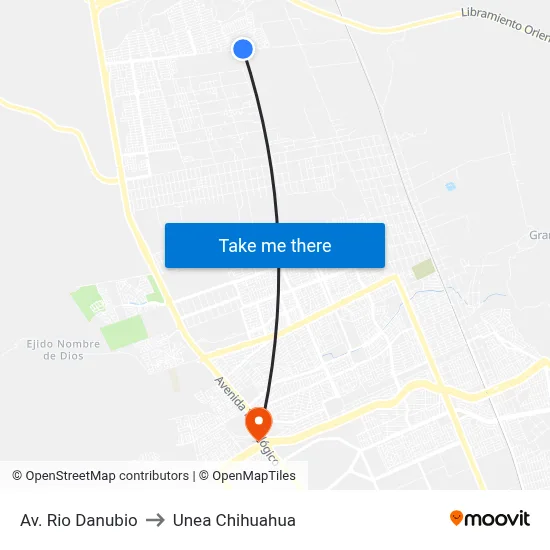 Av. Rio Danubio to Unea Chihuahua map