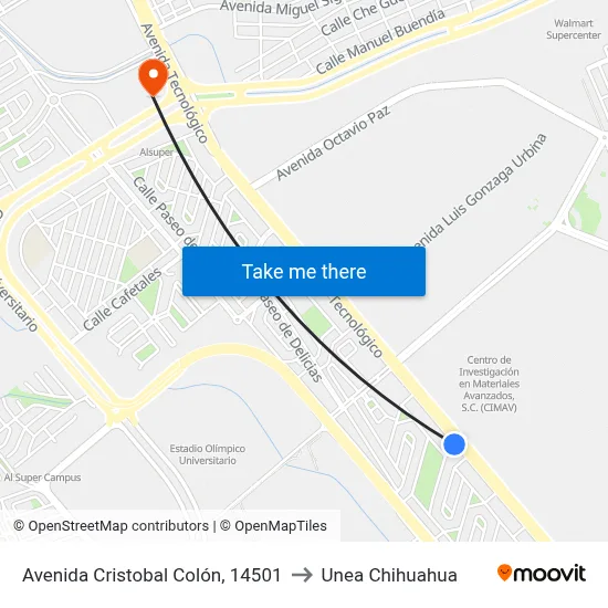 Avenida Cristobal Colón, 14501 to Unea Chihuahua map
