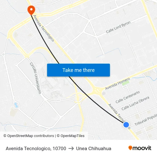 Avenida Tecnologico, 10700 to Unea Chihuahua map