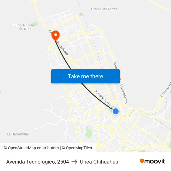 Avenida Tecnologico, 2504 to Unea Chihuahua map