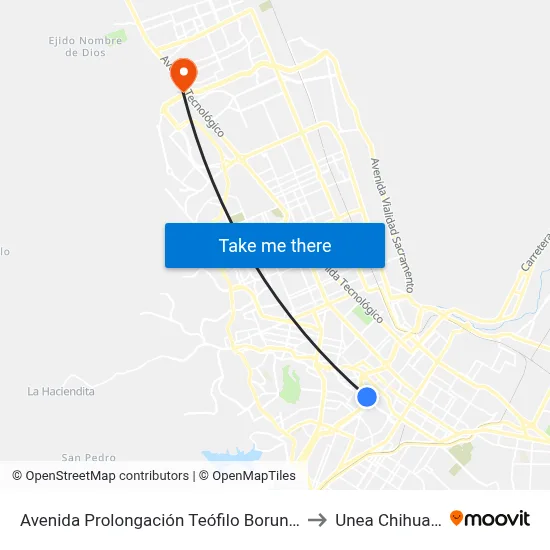 Avenida Prolongación Teófilo Borunda, 428 to Unea Chihuahua map