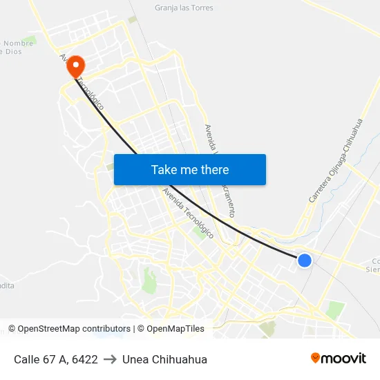 Calle 67 A, 6422 to Unea Chihuahua map