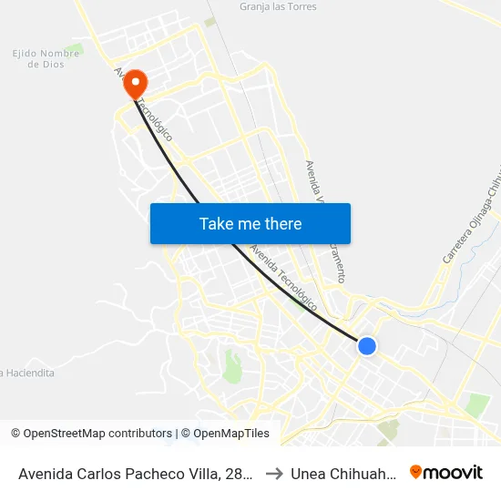 Avenida Carlos Pacheco Villa, 2801 to Unea Chihuahua map