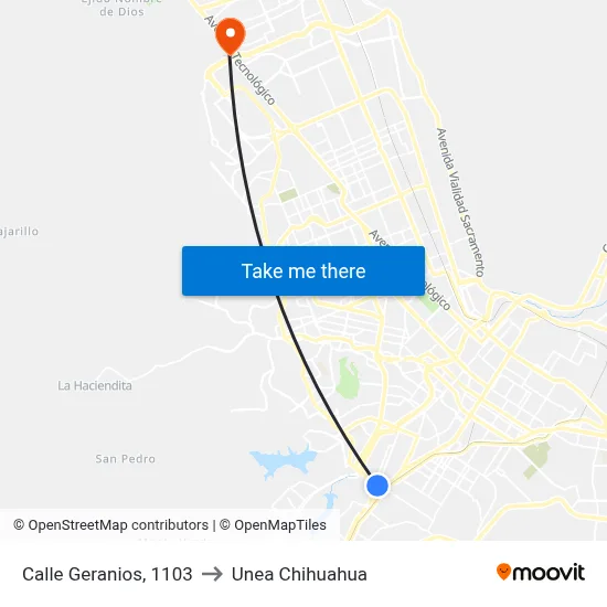 Calle Geranios, 1103 to Unea Chihuahua map