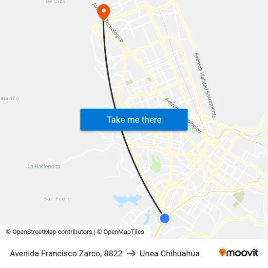 Avenida Francisco Zarco, 8822 to Unea Chihuahua map