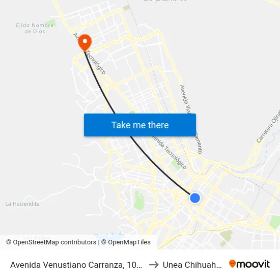 Avenida Venustiano Carranza, 1030 to Unea Chihuahua map