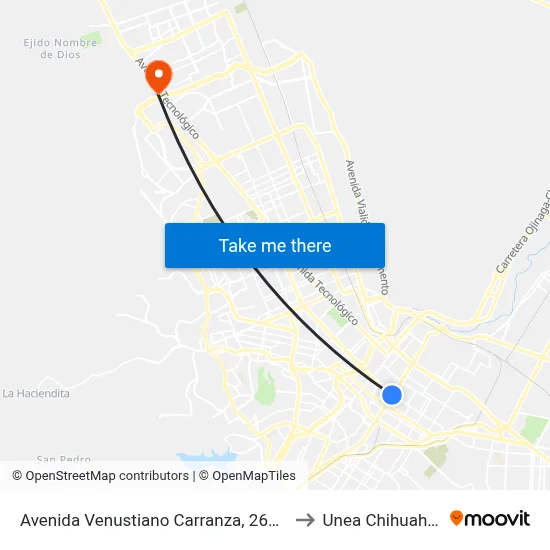 Avenida Venustiano Carranza, 2610a to Unea Chihuahua map