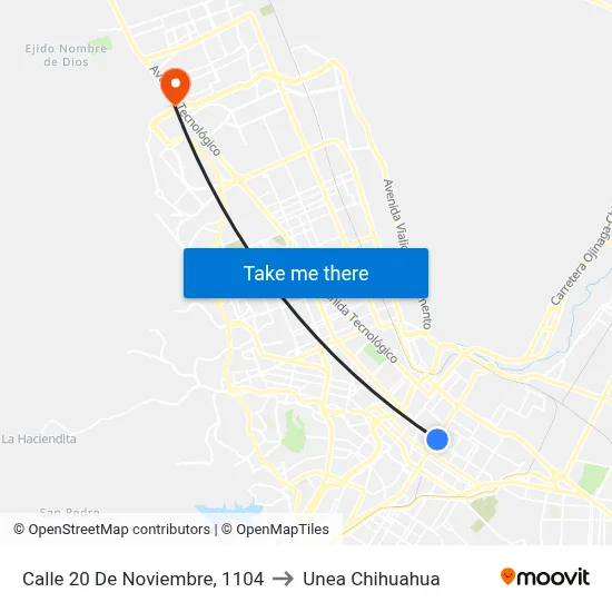 Calle 20 De Noviembre, 1104 to Unea Chihuahua map