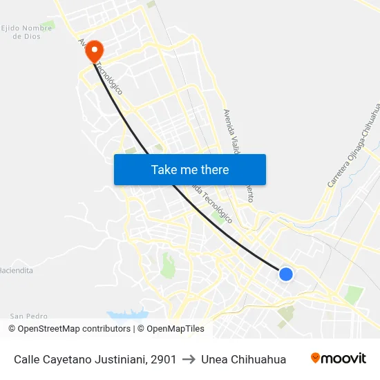 Calle Cayetano Justiniani, 2901 to Unea Chihuahua map