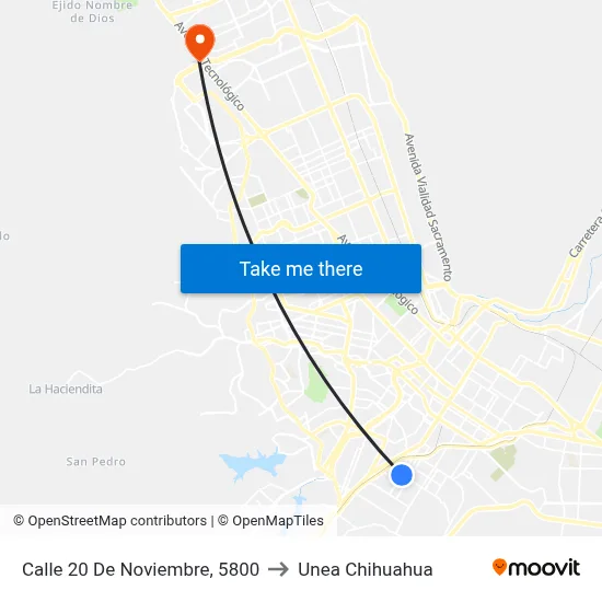 Calle 20 De Noviembre, 5800 to Unea Chihuahua map