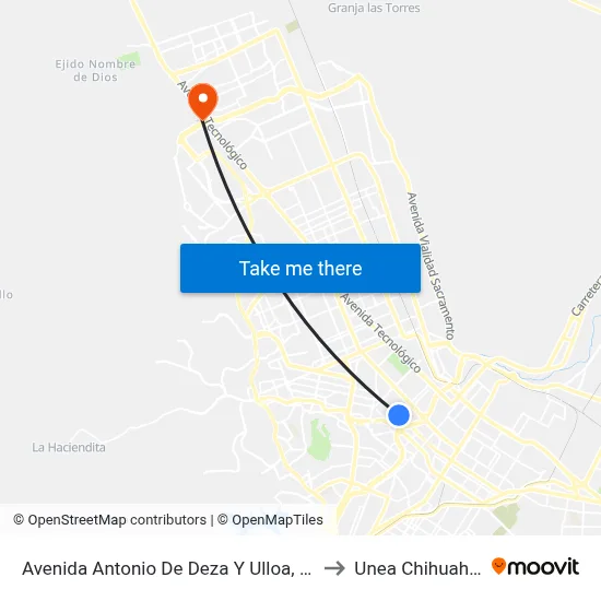 Avenida Antonio De Deza Y Ulloa, 102 to Unea Chihuahua map