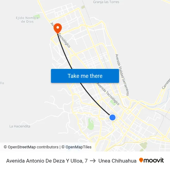 Avenida Antonio De Deza Y Ulloa, 7 to Unea Chihuahua map