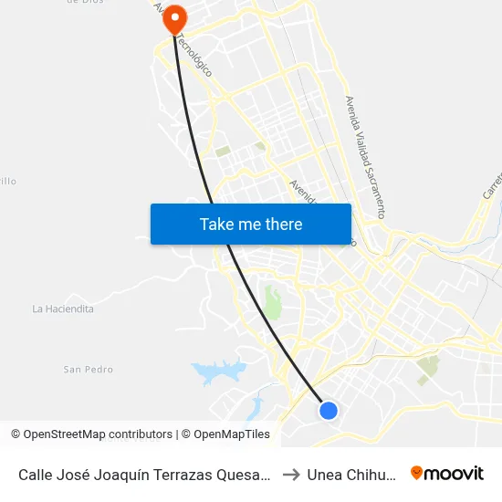 Calle José Joaquín Terrazas Quesada, 8001 to Unea Chihuahua map