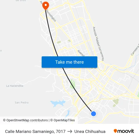 Calle Mariano Samaniego, 7017 to Unea Chihuahua map