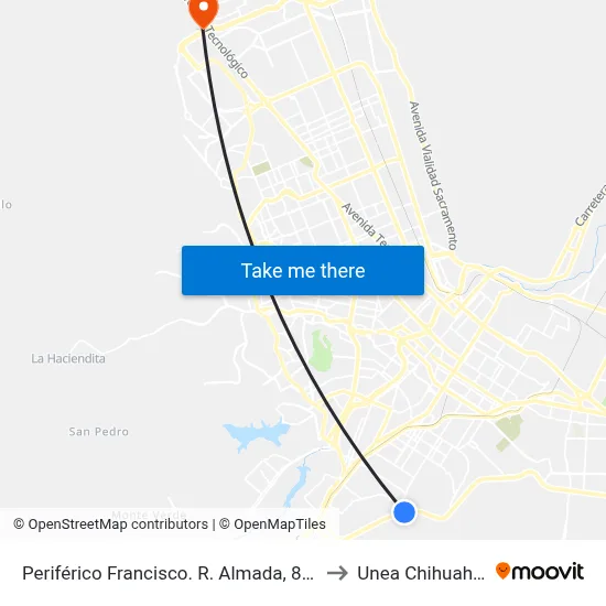 Periférico Francisco. R. Almada, 8014 to Unea Chihuahua map