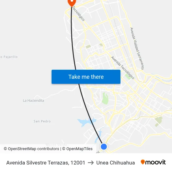 Avenida Silvestre Terrazas, 12001 to Unea Chihuahua map