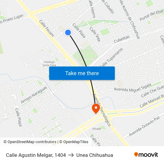 Calle Agustin Melgar, 1404 to Unea Chihuahua map
