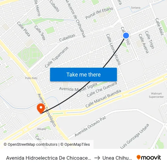 Avenida Hidroelectrica De Chicoacen, 16867 to Unea Chihuahua map