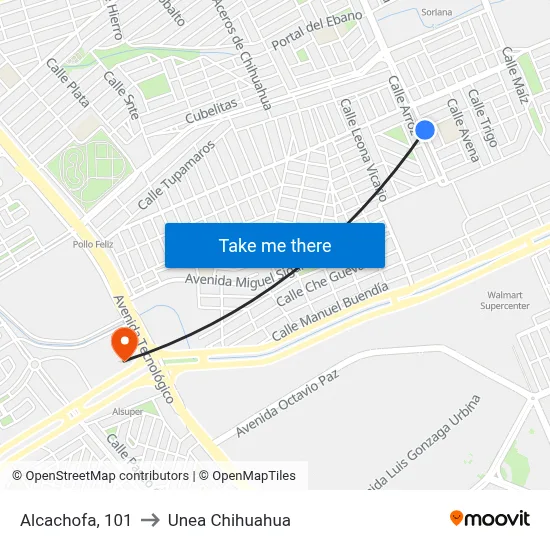 Alcachofa, 101 to Unea Chihuahua map