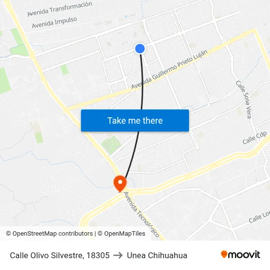 Calle Olivo Silvestre, 18305 to Unea Chihuahua map