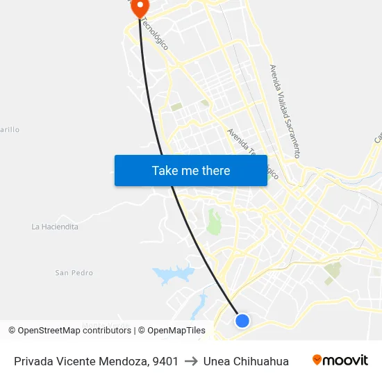 Privada Vicente Mendoza, 9401 to Unea Chihuahua map