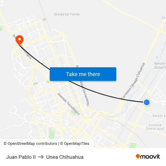 Juan Pablo II to Unea Chihuahua map