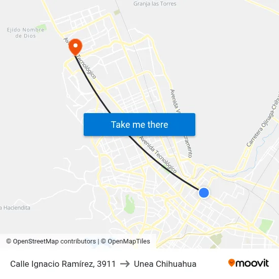 Calle Ignacio Ramírez, 3911 to Unea Chihuahua map