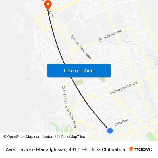 Avenida José María Iglesias, 4317 to Unea Chihuahua map