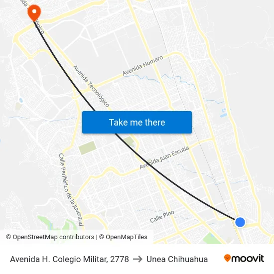 Avenida H. Colegio Militar, 2778 to Unea Chihuahua map