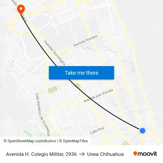 Avenida H. Colegio Militar, 2936 to Unea Chihuahua map