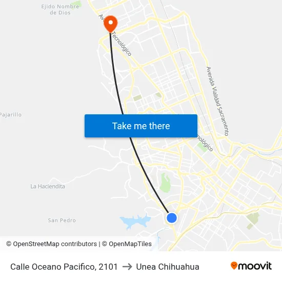 Calle Oceano Pacifico, 2101 to Unea Chihuahua map
