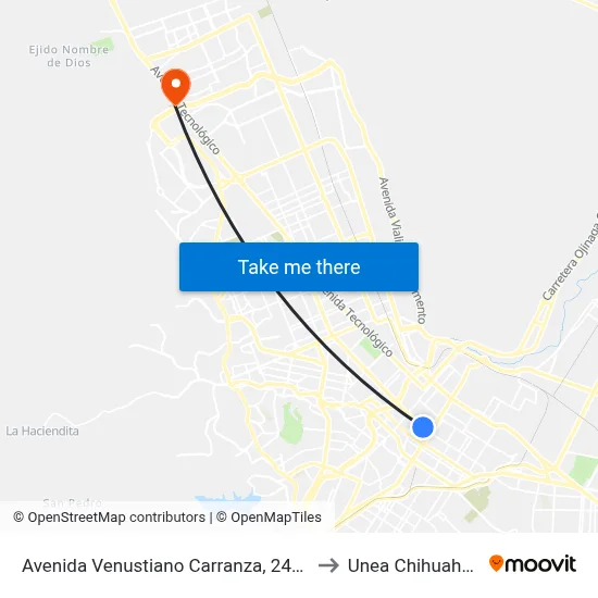 Avenida Venustiano Carranza, 2403 to Unea Chihuahua map