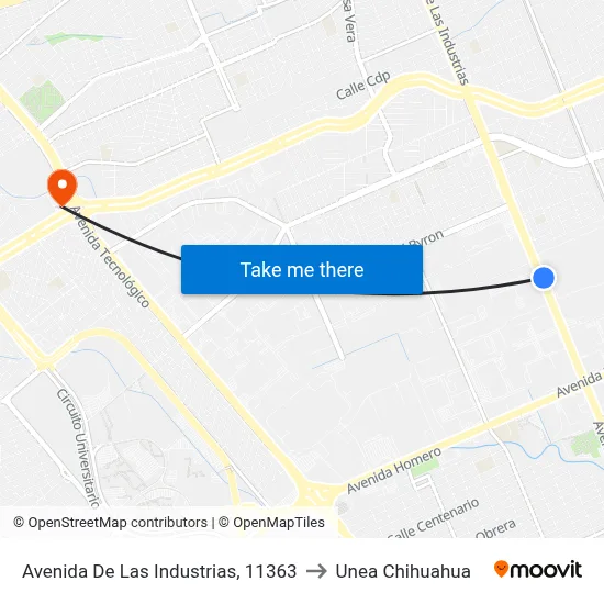 Avenida De Las Industrias, 11363 to Unea Chihuahua map