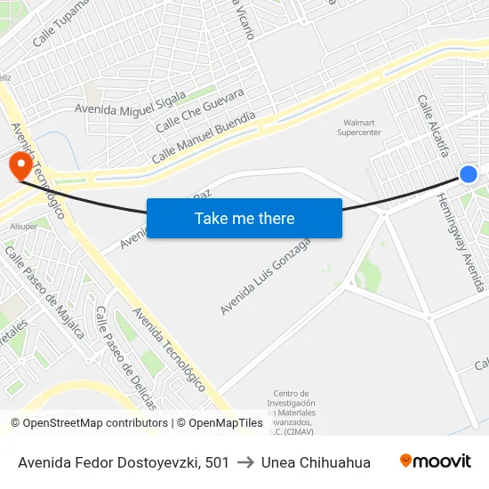 Avenida Fedor Dostoyevzki, 501 to Unea Chihuahua map