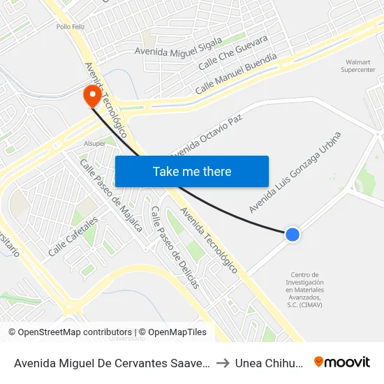 Avenida Miguel De Cervantes Saavedra, 111 to Unea Chihuahua map