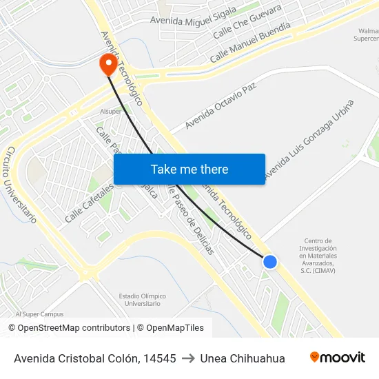 Avenida Cristobal Colón, 14545 to Unea Chihuahua map