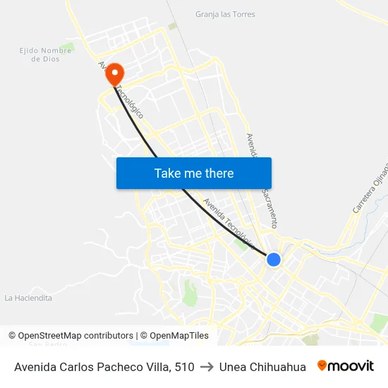 Avenida Carlos Pacheco Villa, 510 to Unea Chihuahua map