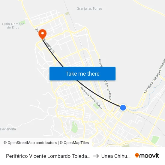 Periférico Vicente Lombardo Toledano, 1008 to Unea Chihuahua map