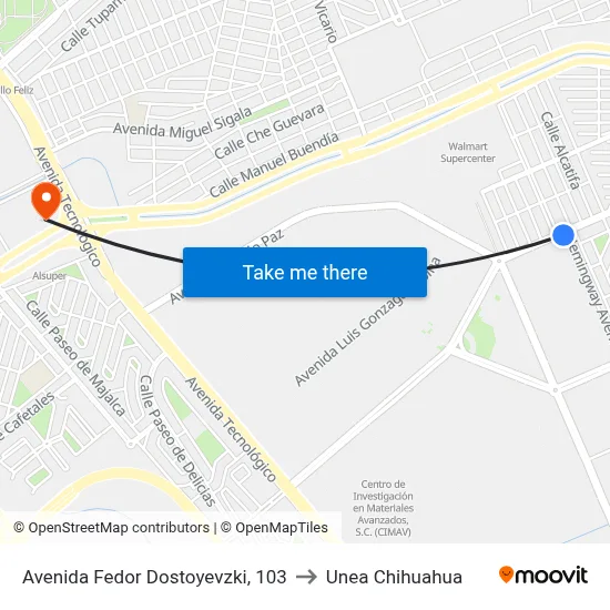 Avenida Fedor Dostoyevzki, 103 to Unea Chihuahua map