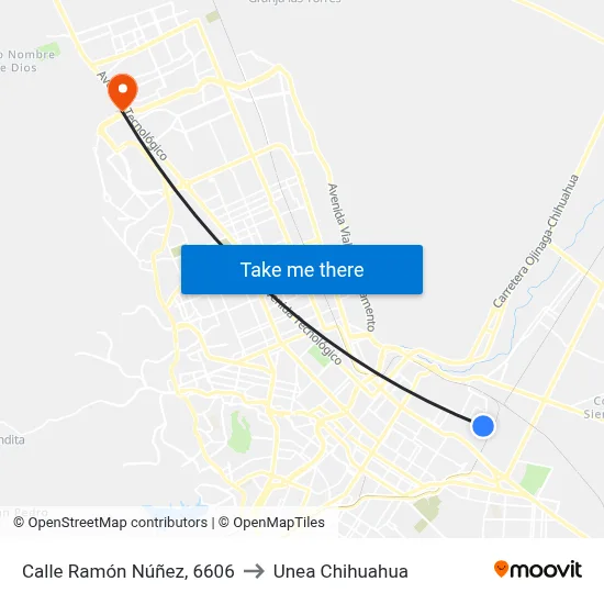 Calle Ramón Núñez, 6606 to Unea Chihuahua map