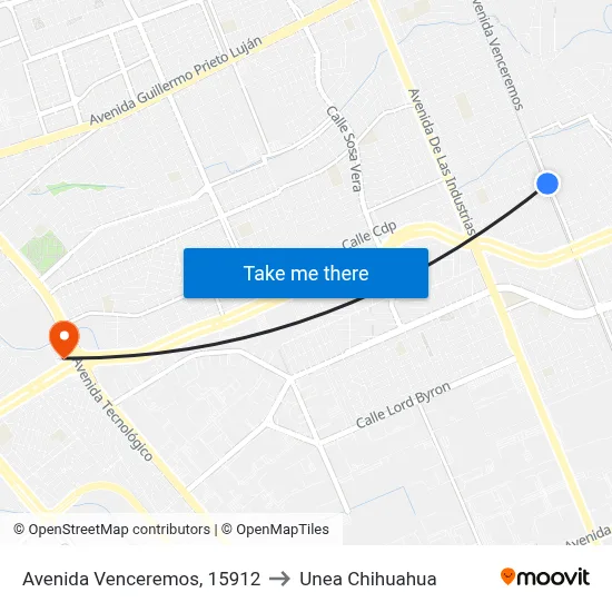 Avenida Venceremos, 15912 to Unea Chihuahua map