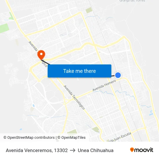 Avenida Venceremos, 13302 to Unea Chihuahua map