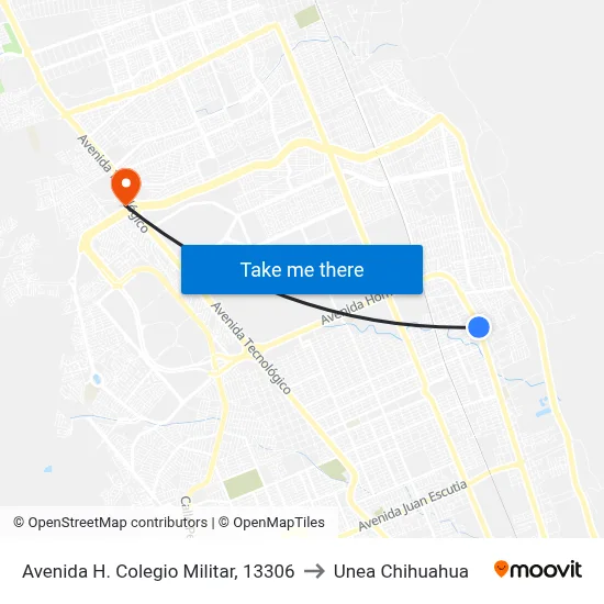 Avenida H. Colegio Militar, 13306 to Unea Chihuahua map