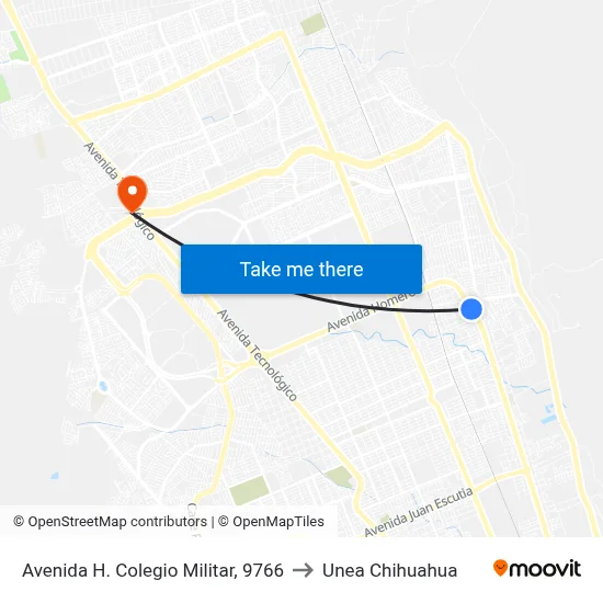 Avenida H. Colegio Militar, 9766 to Unea Chihuahua map