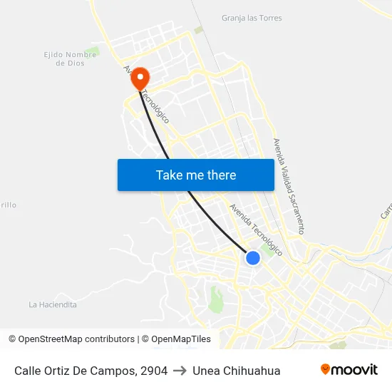 Calle Ortiz De Campos, 2904 to Unea Chihuahua map