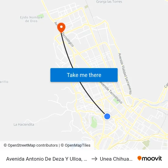 Avenida Antonio De Deza Y Ulloa, 2910 to Unea Chihuahua map